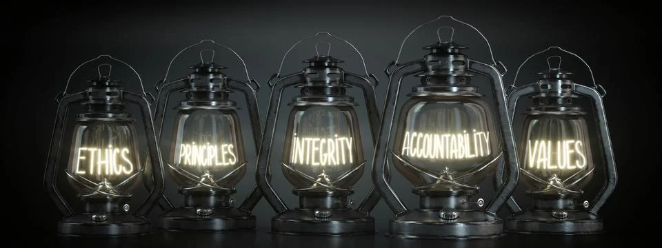 Ethics, Principles, Integrity, Accountability, Values - Vintage Kerosene La.. Stock Illustration