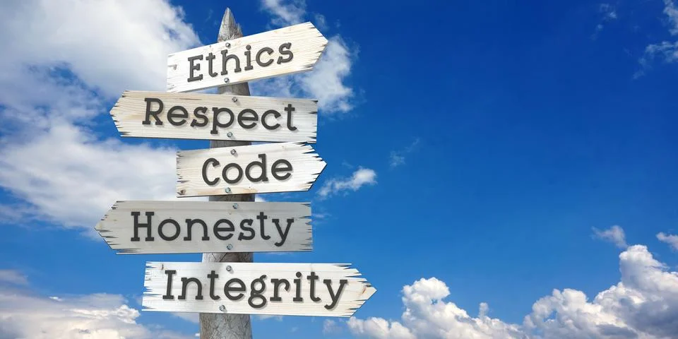 Ethics, respect, code, honesty, integrity - wooden signpost with five arrows Illustrazione stock