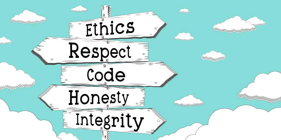 Ethics, respect, code, honesty, integrity - outline signpost with five arrows Illustrazione stock