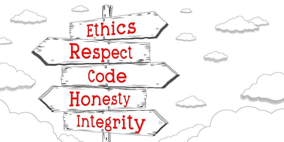 Ethics, respect, code, honesty, integrity - outline signpost with five arrows Stock-Illustration