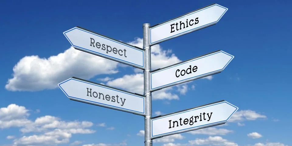 Ethics, respect, code, honesty, integrity - signpost with five arrows Illustrazione stock