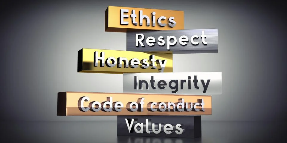 Ethics, respect, honesty, integrity, code of conduct, values - words on met.. Stockillustratie