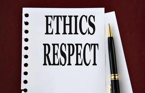 ETHICS RESPECT - words on a white sheet on a brown background with a pen Stock Photos