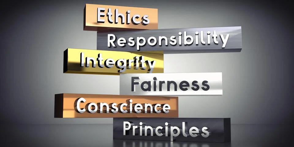 Ethics, responsibility, integrity, fairness, conscience, principles - 3D il.. Stock Illustration