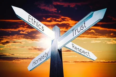 Ethics, trust, respect, honesty concept - signpost with four arrows Stock Illustration
