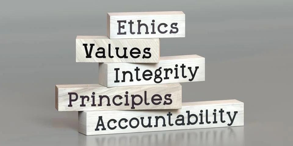 Ethics, values, integrity, principles, accountability - words on wooden block Stock Illustration