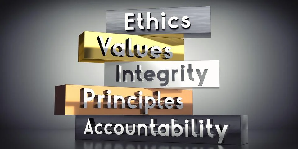 Ethics, values, integrity, principles, accountability - words on metal bloc.. Stock Illustration