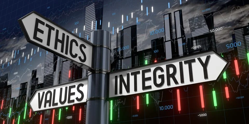 Ethics, Values, Integrity - Signpost with Three Arrows - 3D illustration 库存插图