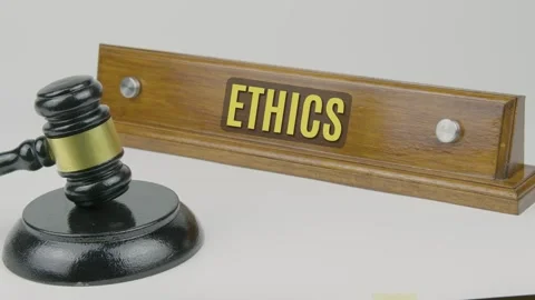 Ethics Word or Text on Wood Name Plate and Gavel Tapping One And Three Times Stock Footage 306857360