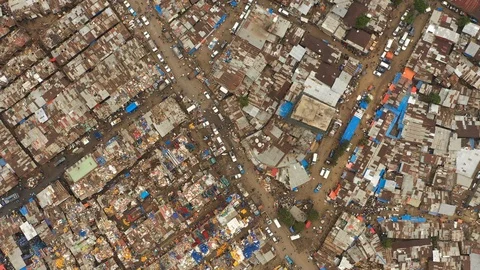 Ethiopia Africa urbanization poverty - drone shot dense market Addis Ababa Stock Footage