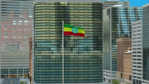 Ethiopia Flag 3D Render Animation on Pole with Modern Business District Buil Stock-Footage 332878233