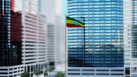 Ethiopia Flag 3D Render Animation Waving in Front of Modern Glass Buildings  Video stock 332953740