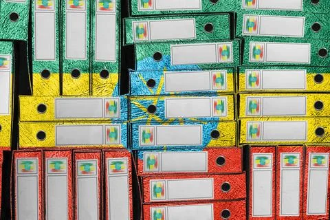 Ethiopia Flag Colors Folder Stack, Bureaucracy and Government Administration Fotos de archivo