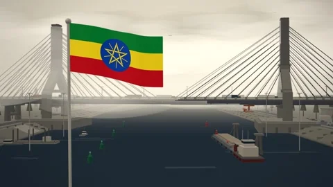 Ethiopia Flag Flying Over Cable Stayed Bridge River seamless loop Stock Footage 345854228