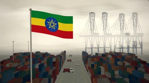 Ethiopia Flag Flying Over A Container Port Terminal In Morning Haze Stock Footage 344470418