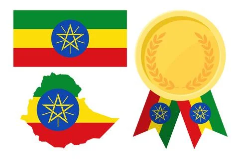 Ethiopia flag with map and gold medal in set for web and banners or app and.. Stock Illustration