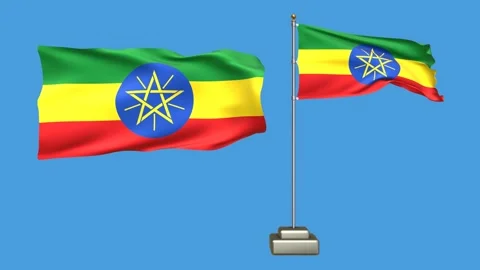 Ethiopia flag waving in the wind on a blue background Stock Footage 277955009
