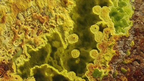 Ethiopia. Flying over abstract patterns of Dallol volcanic crater, surreal Stockbeeldmateriaal 139869119