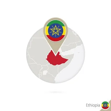 Ethiopia map and flag in circle. Map of Ethiopia, Ethiopia flag pin. Map of.. Stock Illustration
