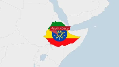 Ethiopia map highlighted in Ethiopia flag colors and pin of country capital.. イラスト素材