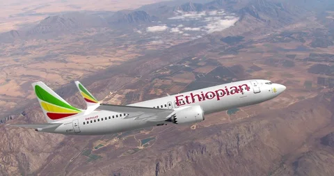 Ethiopian Boeing 737 MAXI 8 ET-AVJ  Addis Abeba, March 10, 2019 before crash Stock Footage 104772533