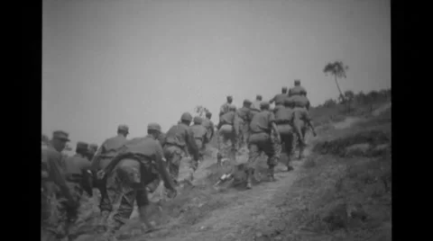 Ethiopian troops marching up the hill Stock Footage 36303491