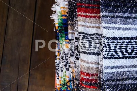 Ethnic blankets on mexican market Stock Photos
