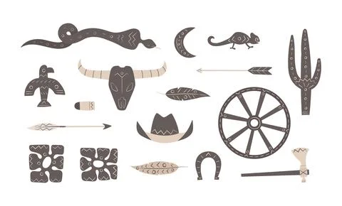 Ethnic boho aztec elements set. Western native folk shapes of wheel, bird, snake Stock Illustration