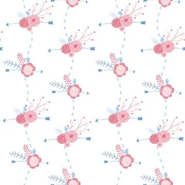 Ethnic boho background with arrows, feathers and pink flowers, native american Illustrazione stock