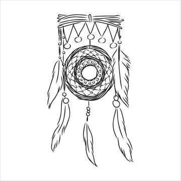 Ethnic Boho dream catcher with feathers. American Indian symbol in sketch sty Stock Illustration