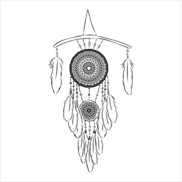 Ethnic Boho dream catcher with feathers. American Indian symbol in sketch sty Stock Illustration