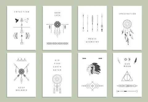 Ethnic cards. Arrows, Indian elements, Aztec borders and embellishments. Stock Illustration