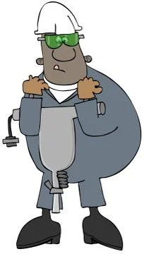 Ethnic construction worker carrying a heavy jackhammer Stock Illustration