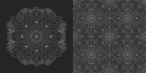 Ethnic, floral, abstract seamless pattern and mandala, dark palette Stock Illustration