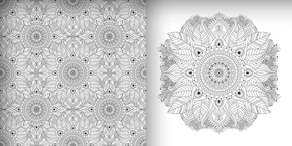 Ethnic, floral, abstract seamless pattern and mandala, black and white colors Stock Illustration
