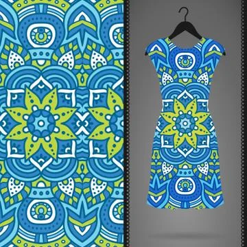 Ethnic floral seamless pattern with dress Stock Illustration