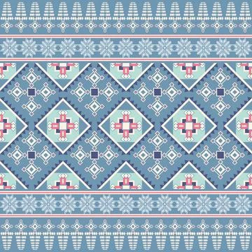 Ethnic Geometric Fabric Pattern in Blue and Red Tones Stock Illustration