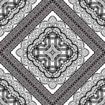 Ethnic greek seamless pattern. Vector black and white vintage background. Repeat Stock Illustration