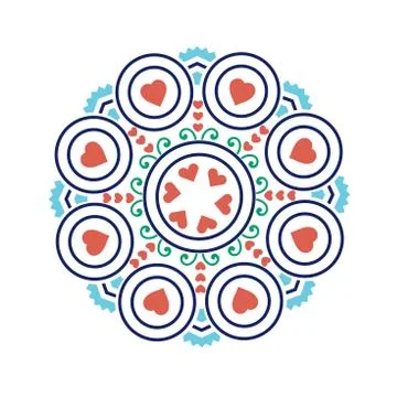 Ethnic mandala-like pattern with flower and heart symbols; Stock Illustration