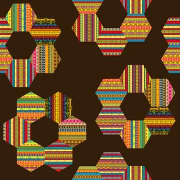 Ethnic motifs patchwork pattern with flowers made of hexagonal patches Illustrazione stock