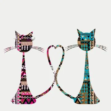 Ethnic motifs pattern two ornate cats Stock Illustration