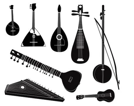 Ethnic music instruments set. Musical instrument silhouette Stock Illustration