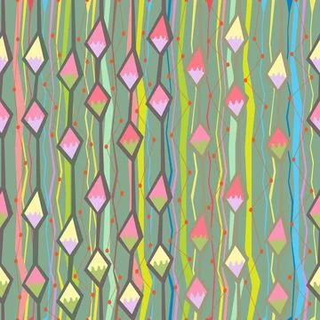 Ethnic pastel seamless pattern with broken lines and colorful rhombus Stock Illustration
