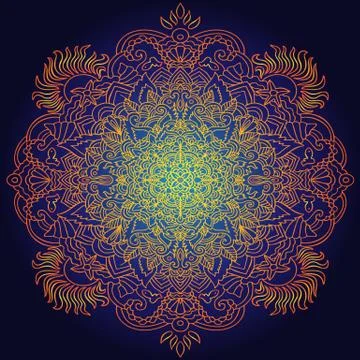 Ethnic pattern. Authentic orange mandala print on black background. Vector Illustrazione stock