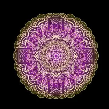 Ethnic pattern. Authentic purple mandala print on black background. Vector Stock Illustration