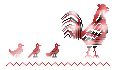 Ethnic pattern with rooster and birds from Ukraine Stock Illustration