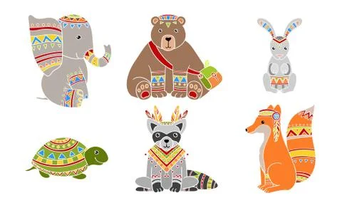 Ethnic Patterned Animals Set, Elephant, Bear, Rabbit, Turtle, Fox, Raccoon Stock Illustration