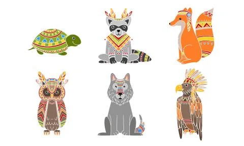 Ethnic Patterned Animals Set, Fox, Owl, Wolf, Turtle, Fox, Raccoon Vector Stock Illustration