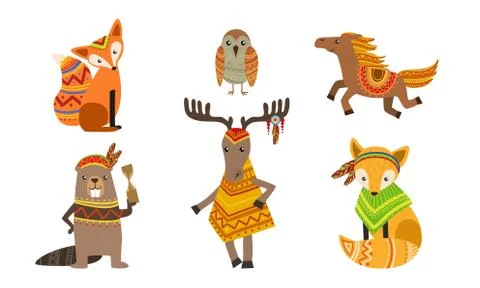 Ethnic Patterned Animals Set, Fox, Owl, Horse, Beaver, Deer Vector Illustration 스톡 일러스트
