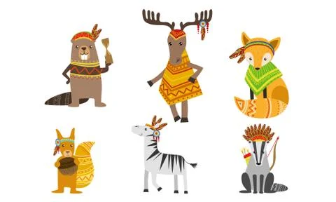 Ethnic Patterned Animals Set, Horse, Beaver, Squirrel, Zebra, Raccoon, Deer Illustrazione stock